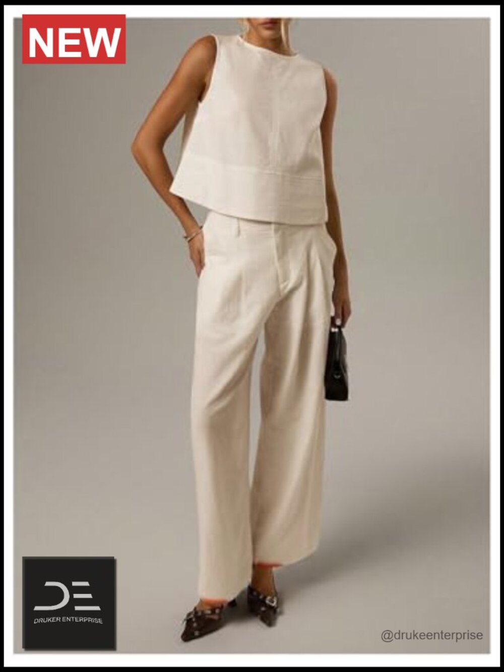 Linen Blend Tank Top - Sleeveless Crop Top - Work & Casual - Picture 3 of 5